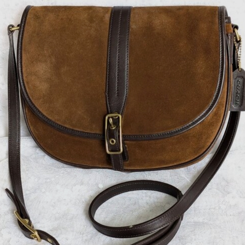 ISO Coach Tan and Brown Suede Crossbody Bag